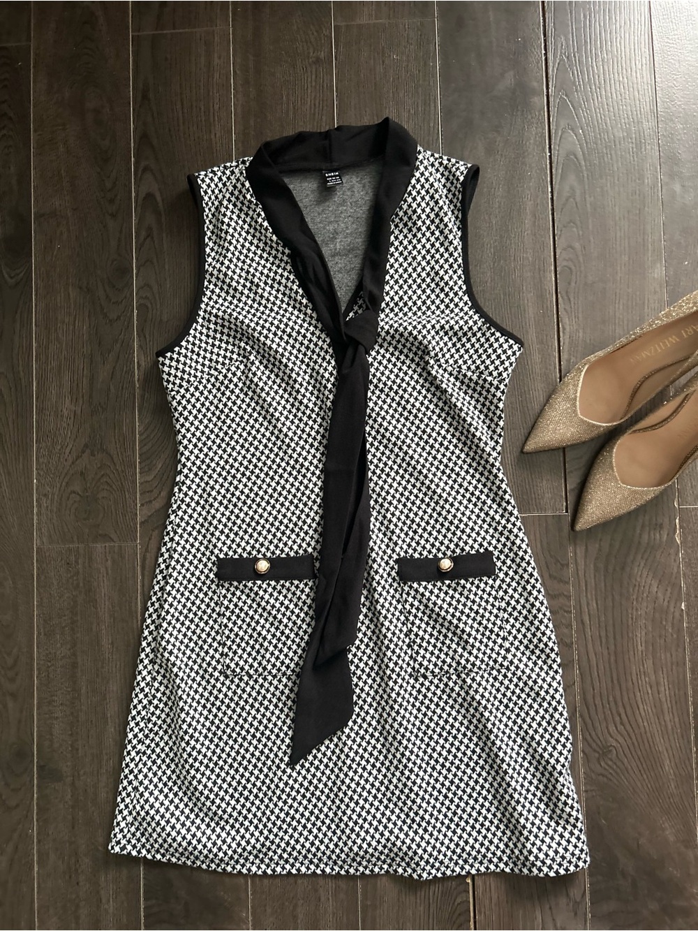Sleeveless Houndstooth Tie-Neck Dress - Black & White SHEIN L